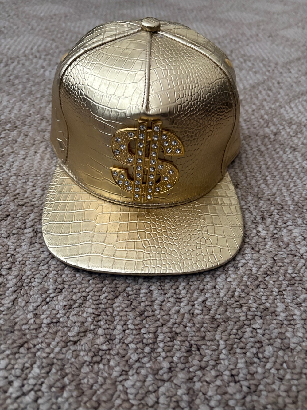 Gold Faux-Croc Snapback Cap with Rhinestone Dollar Emblem